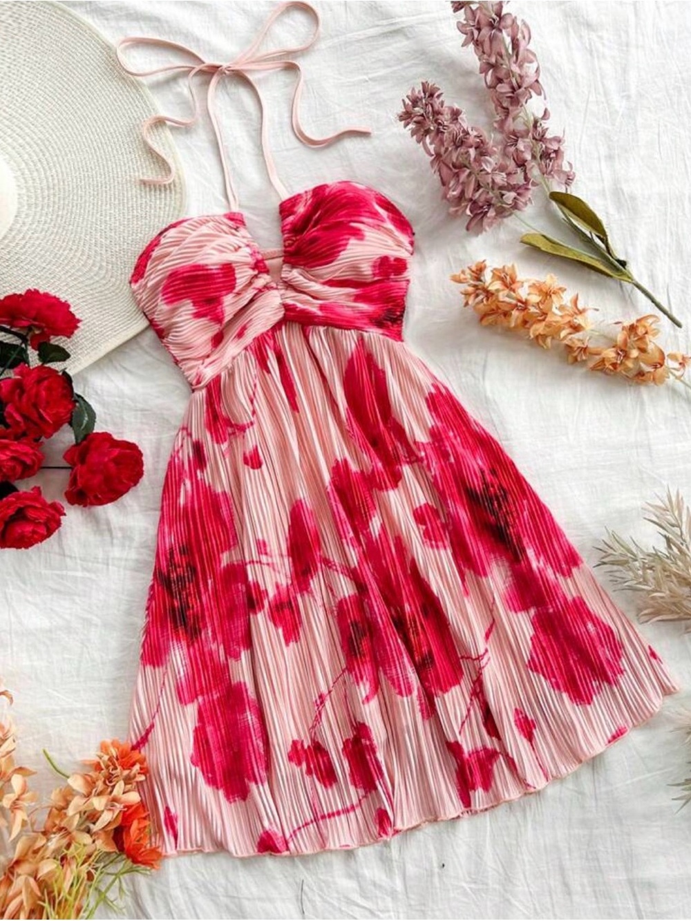 Pink Floral Halter Dress - Charming Summer Style